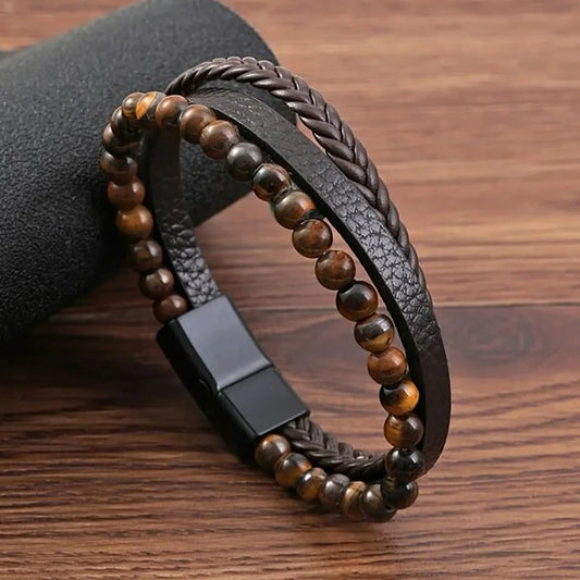Bracelet Homme Oeil de Tigre Simili Cuir Noir