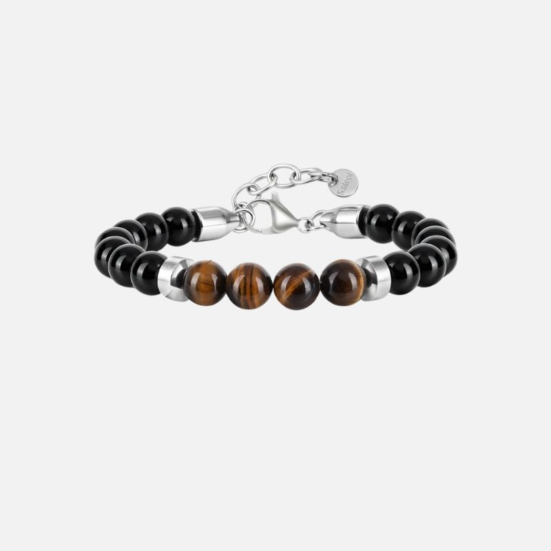 Bracelet Homme Oeil de Tigre Perles Noires Anneaux Argentés