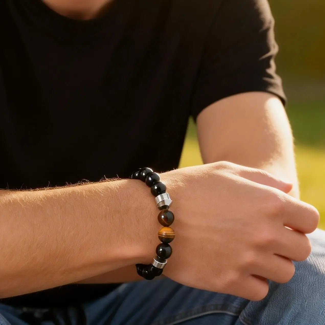 Bracelet Homme Oeil de Tigre Perles Noires Anneaux Argentés