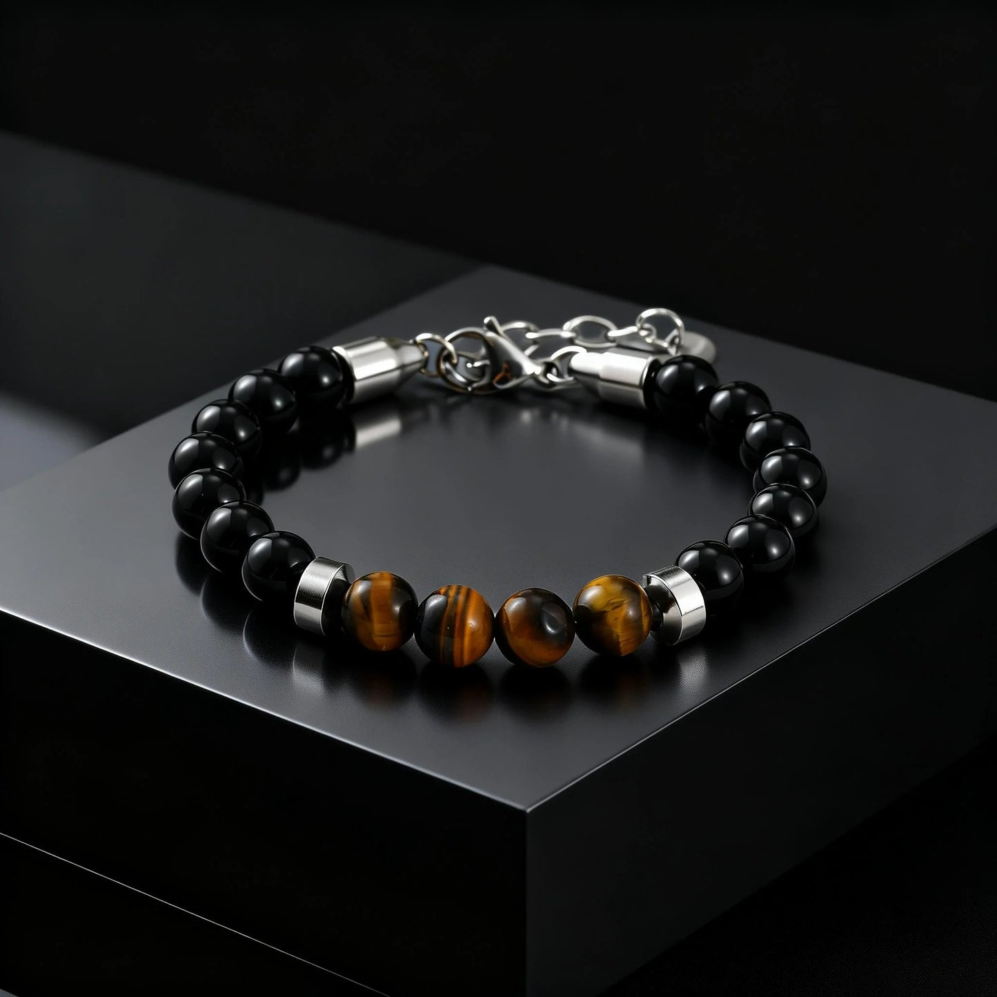 Bracelet Homme Oeil de Tigre Perles Noires Anneaux Argentés