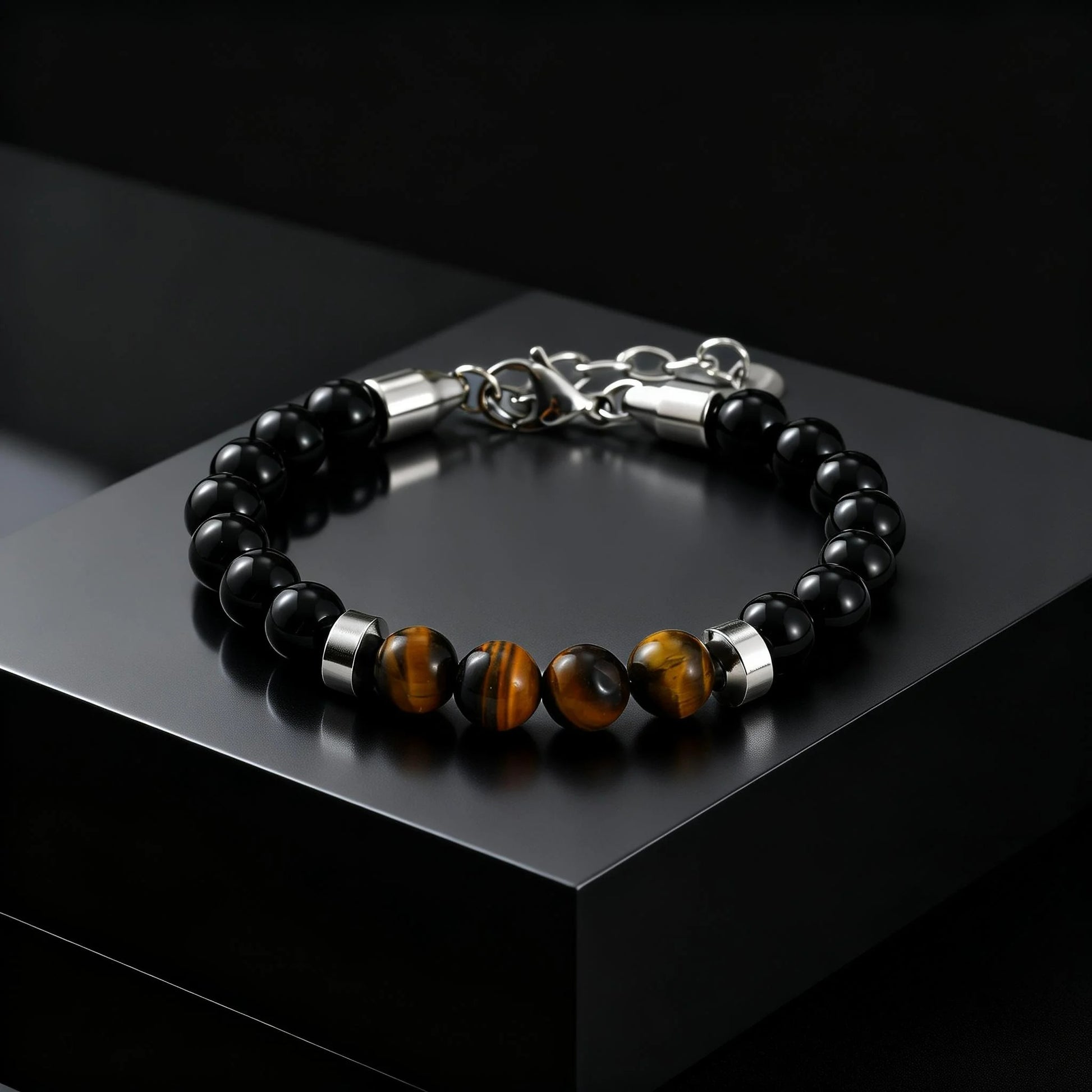 Bracelet Homme Oeil de Tigre Perles Noires Anneaux Argentés