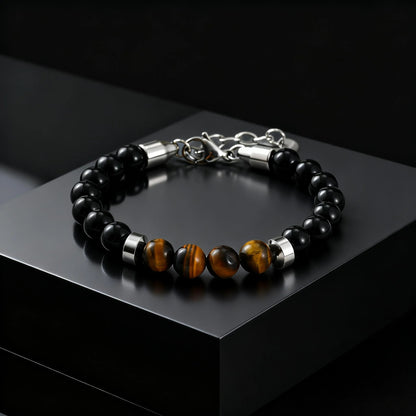 Bracelet Homme Oeil de Tigre Perles Noires Anneaux Argentés