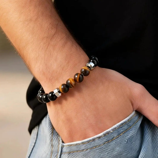 Bracelet Homme Oeil de Tigre Perles Noires Anneaux Argentés