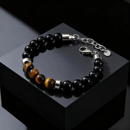 Bracelet Homme Oeil de Tigre Perles Noires Anneaux Argentés