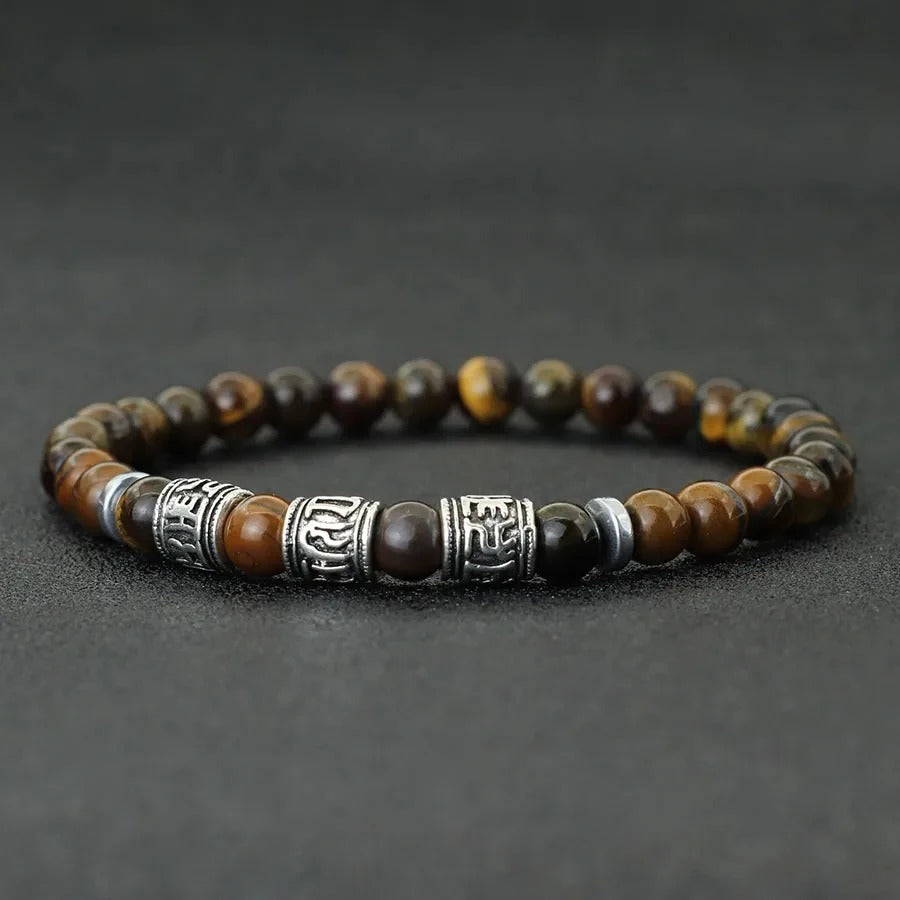 Bracelet Homme Œil de Tigre Perles Tubes Gravés
