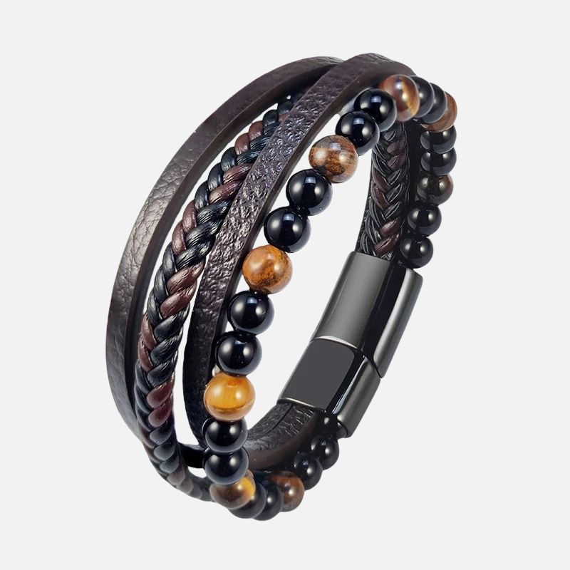 Bracelet Homme Oeil de Tigre Simili Cuir Multi-Rangs