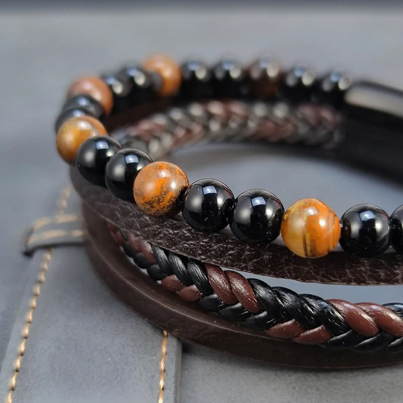 Bracelet Homme Oeil de Tigre Simili Cuir Multi-Rangs