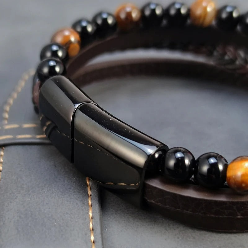 Bracelet Homme Oeil de Tigre Simili Cuir Multi-Rangs