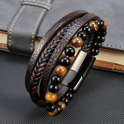 Bracelet Homme Oeil de Tigre Simili Cuir Multi-Rangs