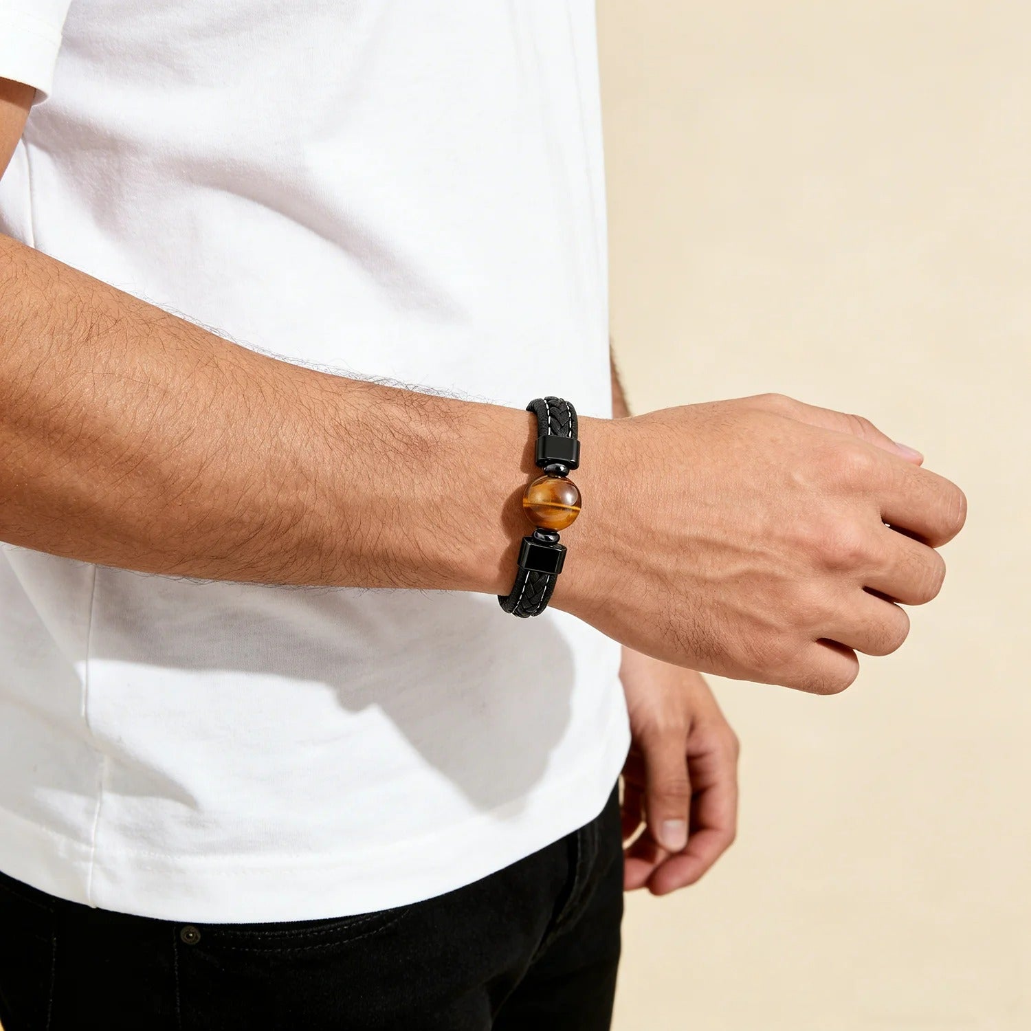 Bracelet Homme Oeil de Tigre Simili Cuir Tressé