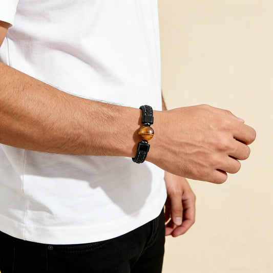 Bracelet Homme Oeil de Tigre Simili Cuir Tressé