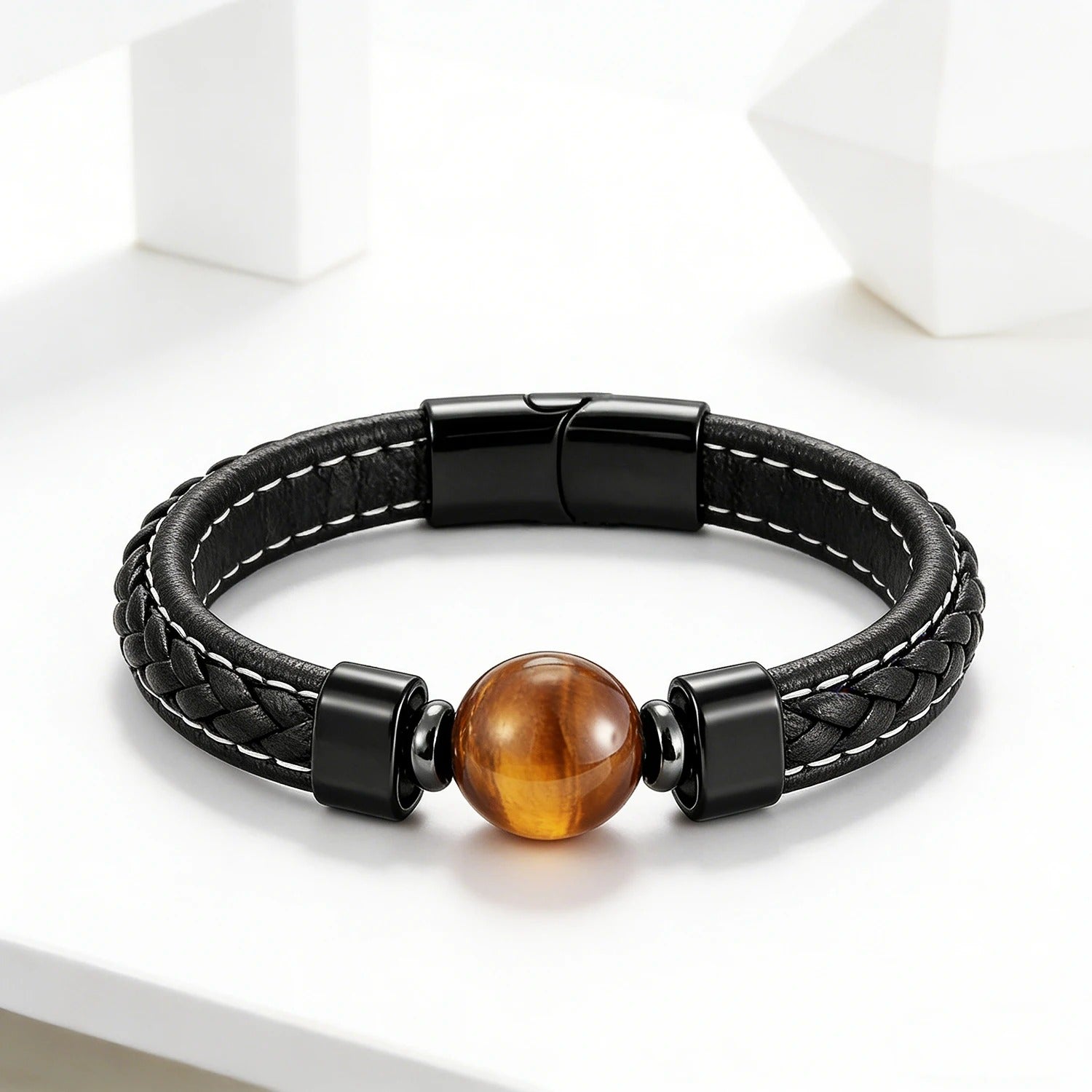 Bracelet Homme Oeil de Tigre Simili Cuir Tressé
