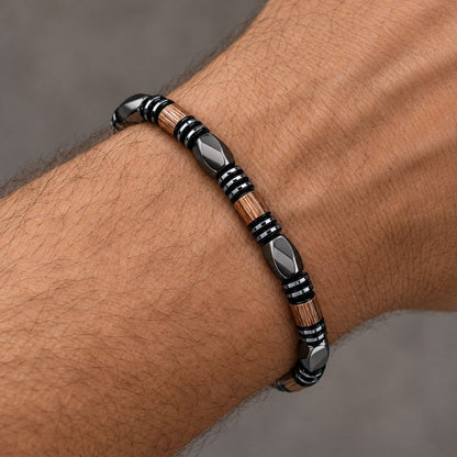 Bracelet Homme Perle Hématite Torsadée Et Bois