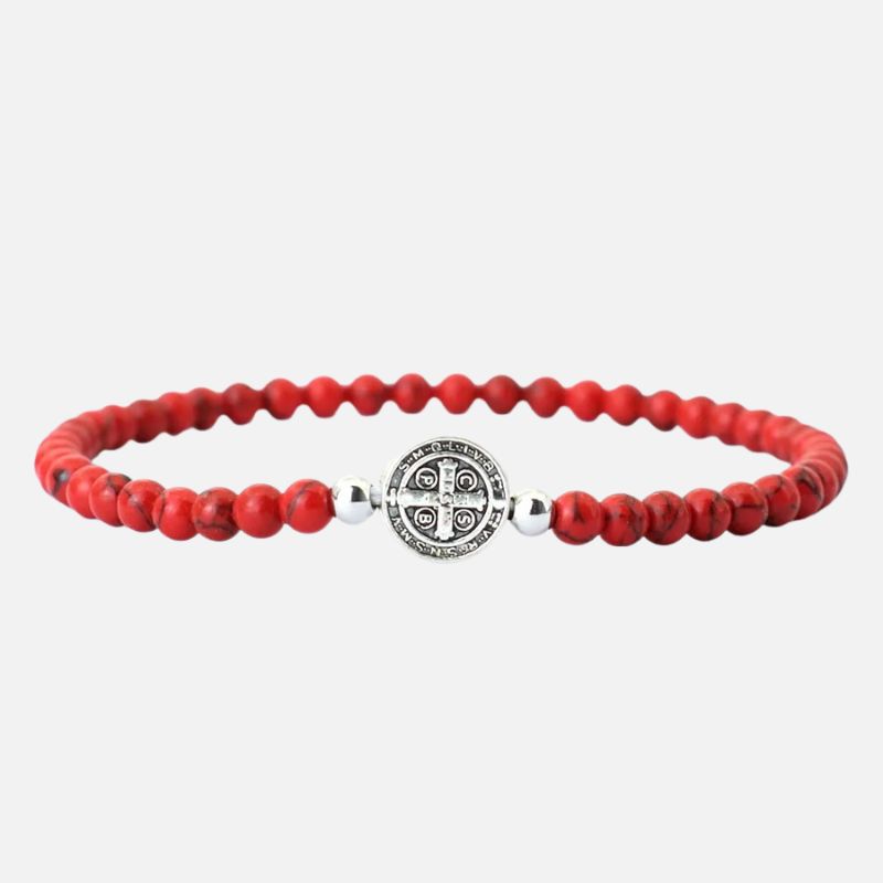 Bracelet Homme Perle Howlite Rouge Médaille
