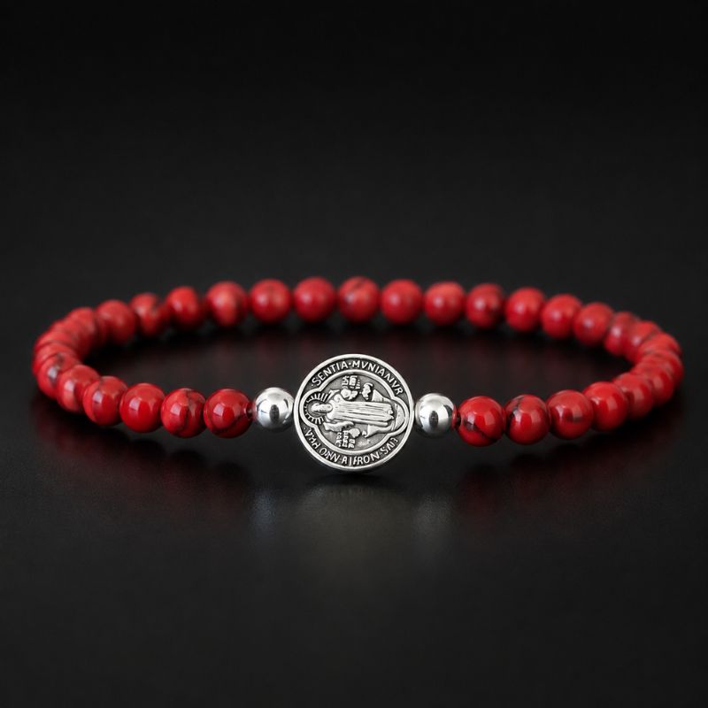 Bracelet Homme Perle Howlite Rouge Médaille