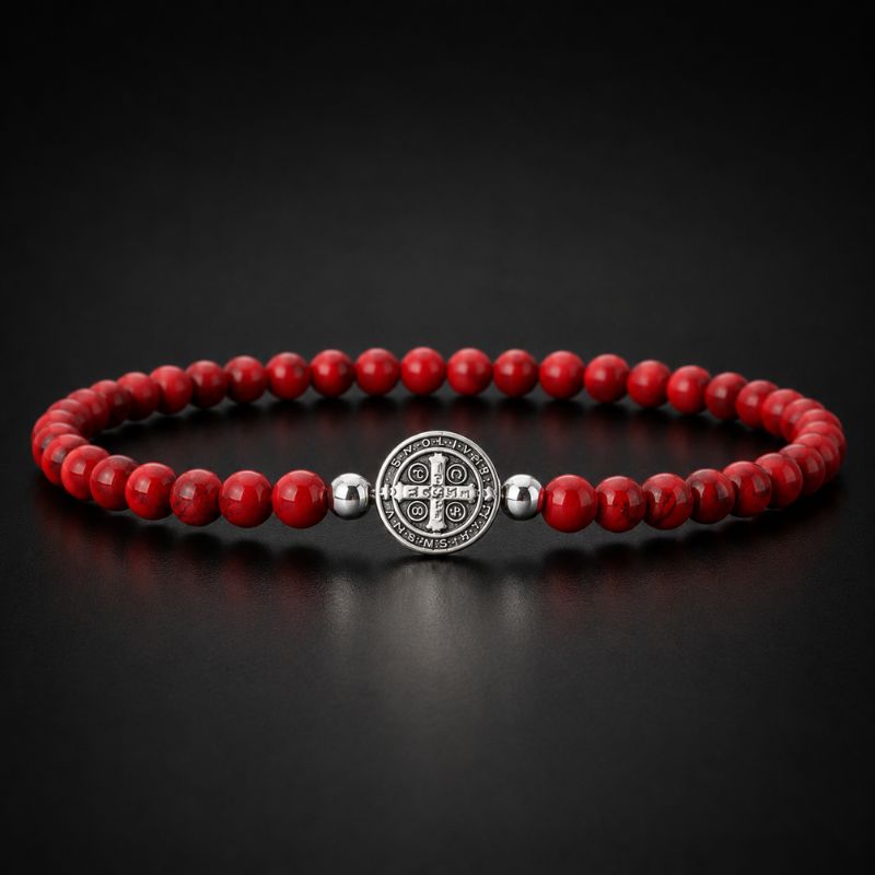 Bracelet Homme Perle Howlite Rouge Médaille