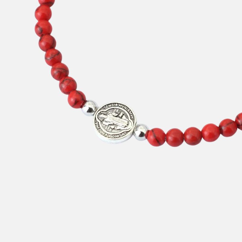 Bracelet Homme Perle Howlite Rouge Médaille