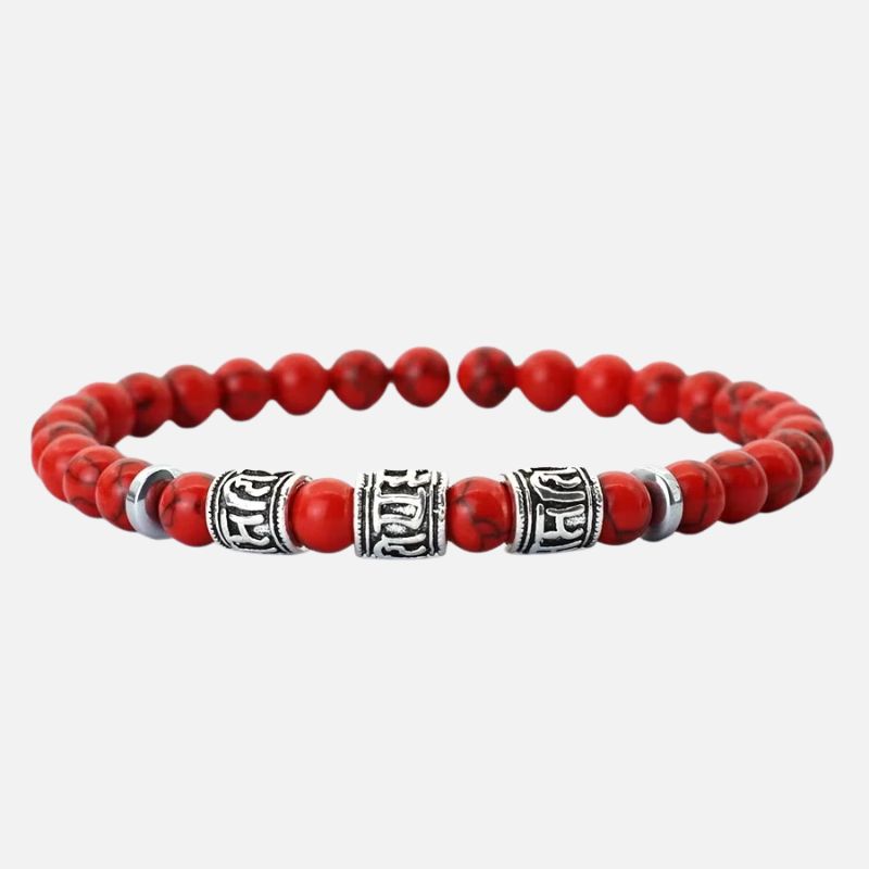 Bracelet Homme Perle Howlite Rouge Motifs Tibétains