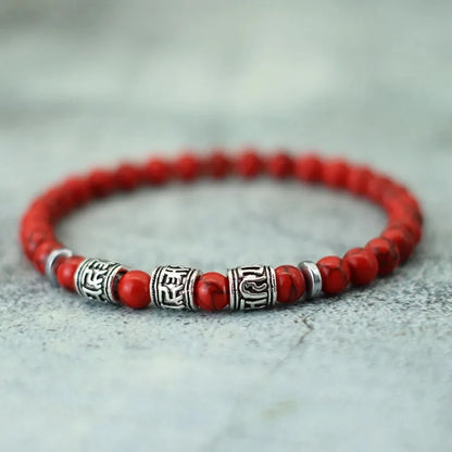 Bracelet Homme Perle Howlite Rouge Motifs Tibétains