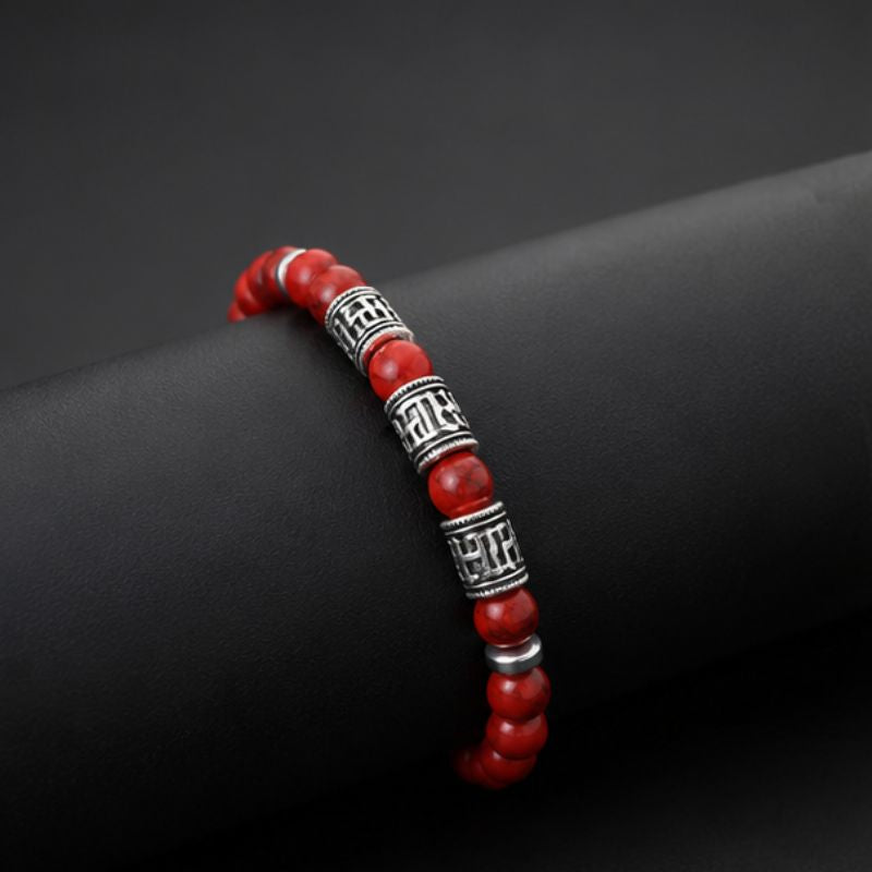 Bracelet Homme Perle Howlite Rouge Motifs Tibétains