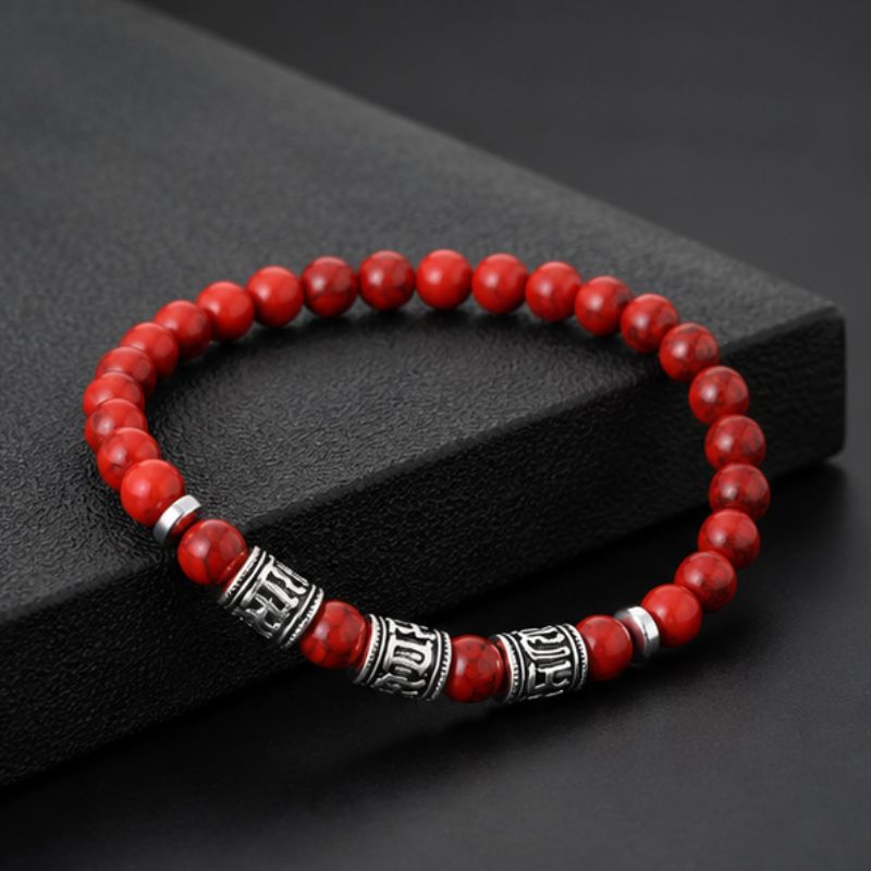 Bracelet Homme Perle Howlite Rouge Motifs Tibétains