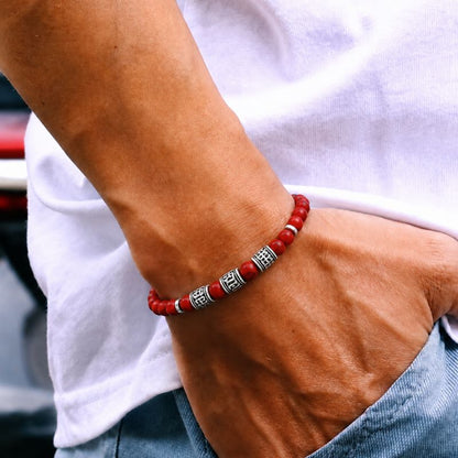 Bracelet Homme Perle Howlite Rouge Motifs Tibétains