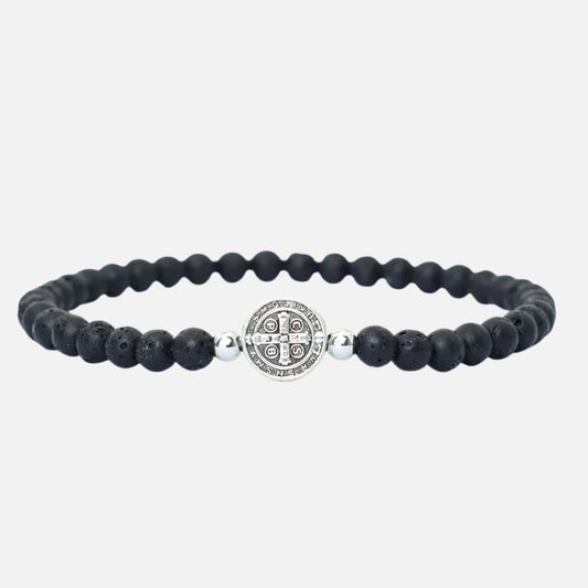 Bracelet Homme Perle Lave Médaille Croix