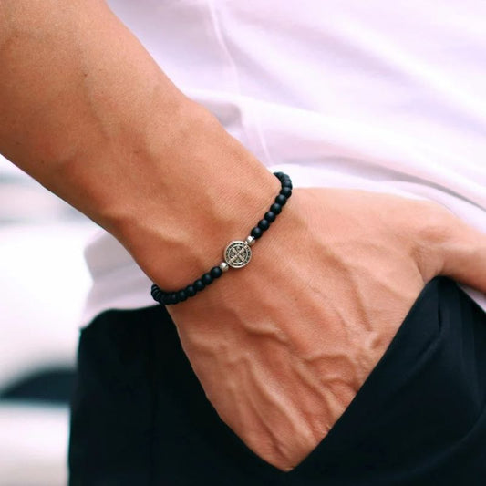 Bracelet Homme Perle Lave Médaille Croix