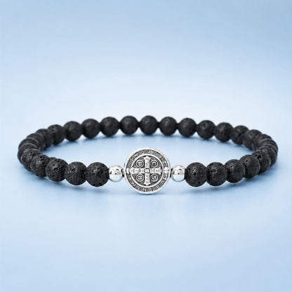 Bracelet Homme Perle Lave Médaille Croix