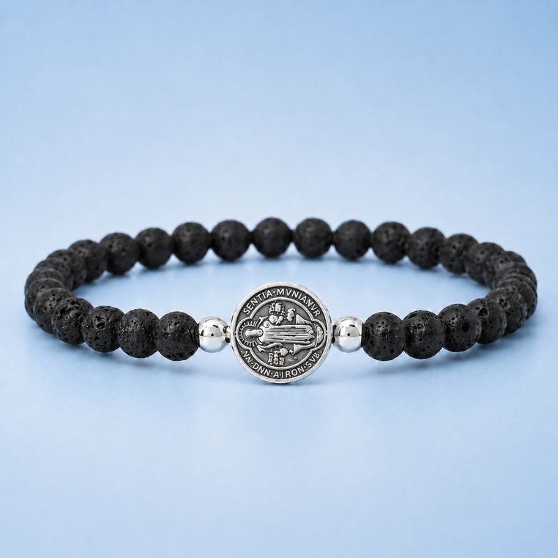 Bracelet Homme Perle Lave Médaille Croix