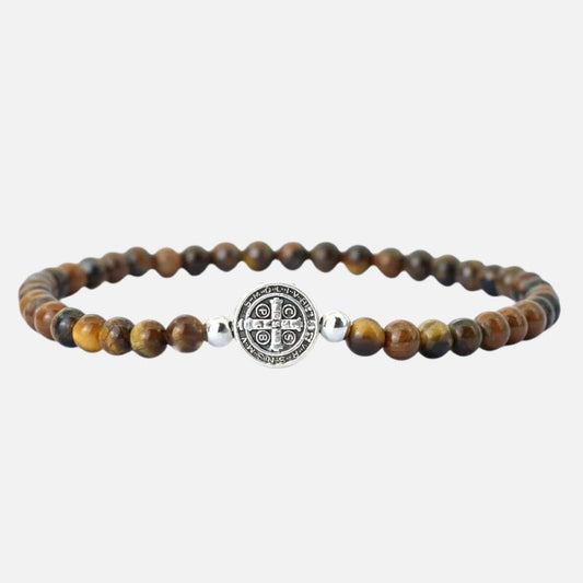 Bracelet Homme Perle Œil de Tigre Médaillon Croix
