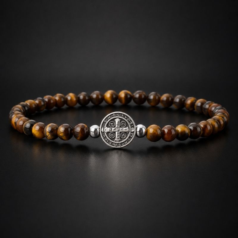 Bracelet Homme Perle Œil de Tigre Médaillon Croix
