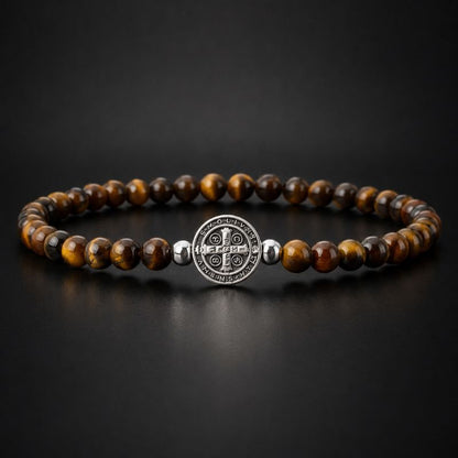Bracelet Homme Perle Œil de Tigre Médaillon Croix