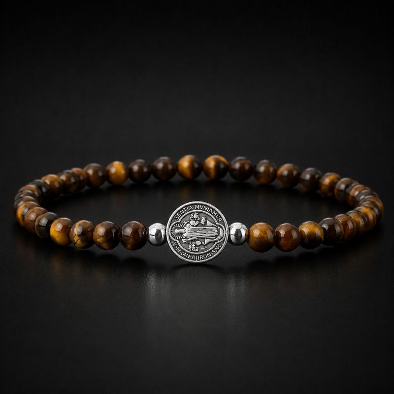 Bracelet Homme Perle Œil de Tigre Médaillon Croix