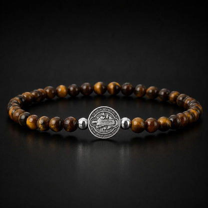 Bracelet Homme Perle Œil de Tigre Médaillon Croix