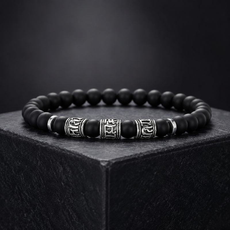 Bracelet Homme Perle Pierre de Lave Noire Élastique