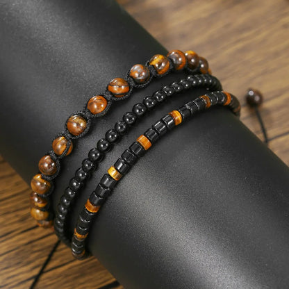 Bracelet Homme Perle Triple Rang Noir