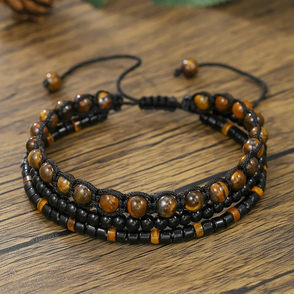 Bracelet Homme Perle Triple Rang Noir