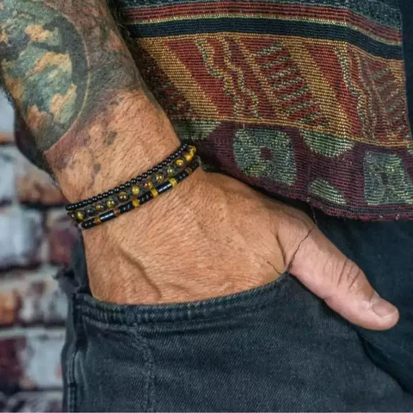Bracelet Homme Perle Triple Rang Noir