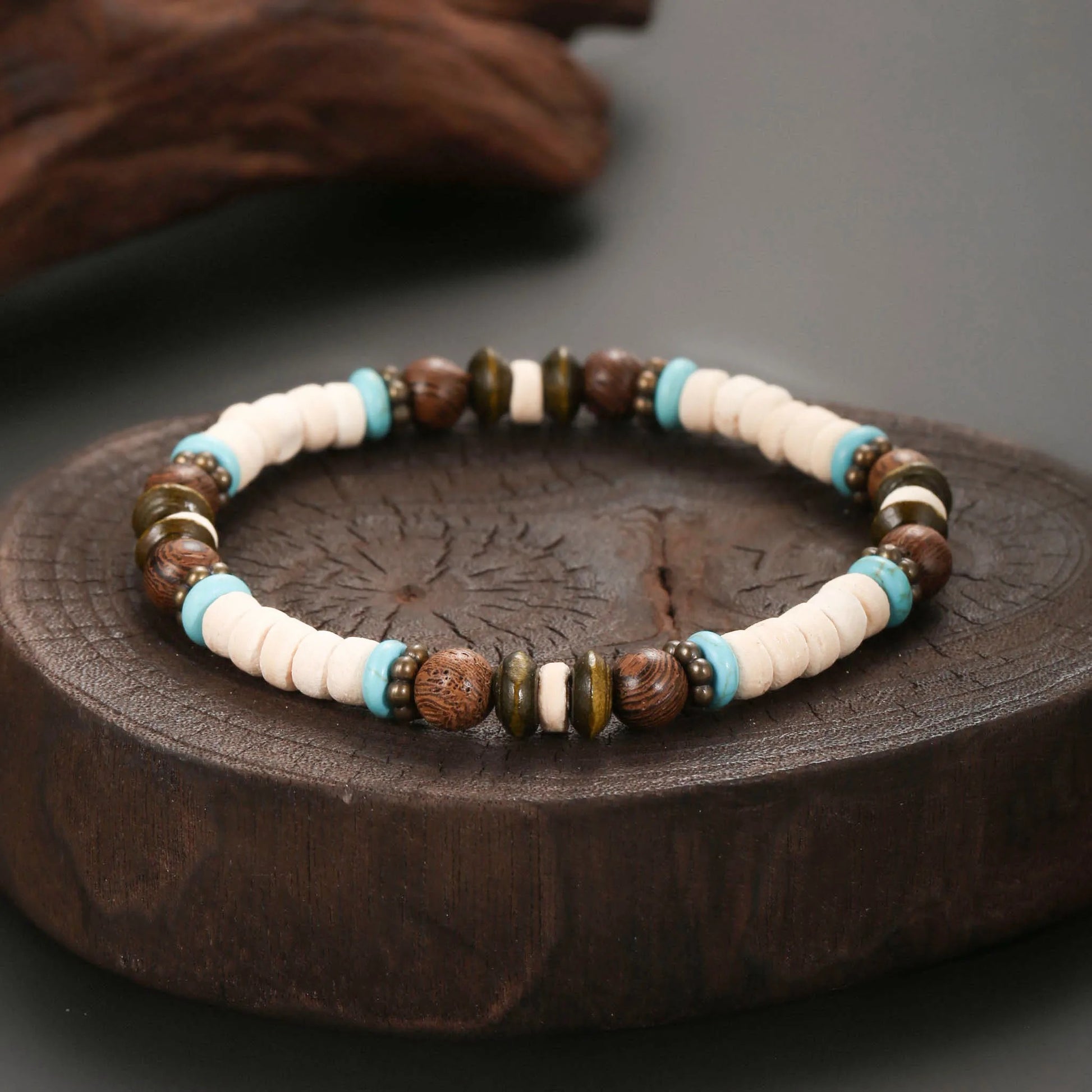 Bracelet Homme Perles Bois Pierre Turquoise