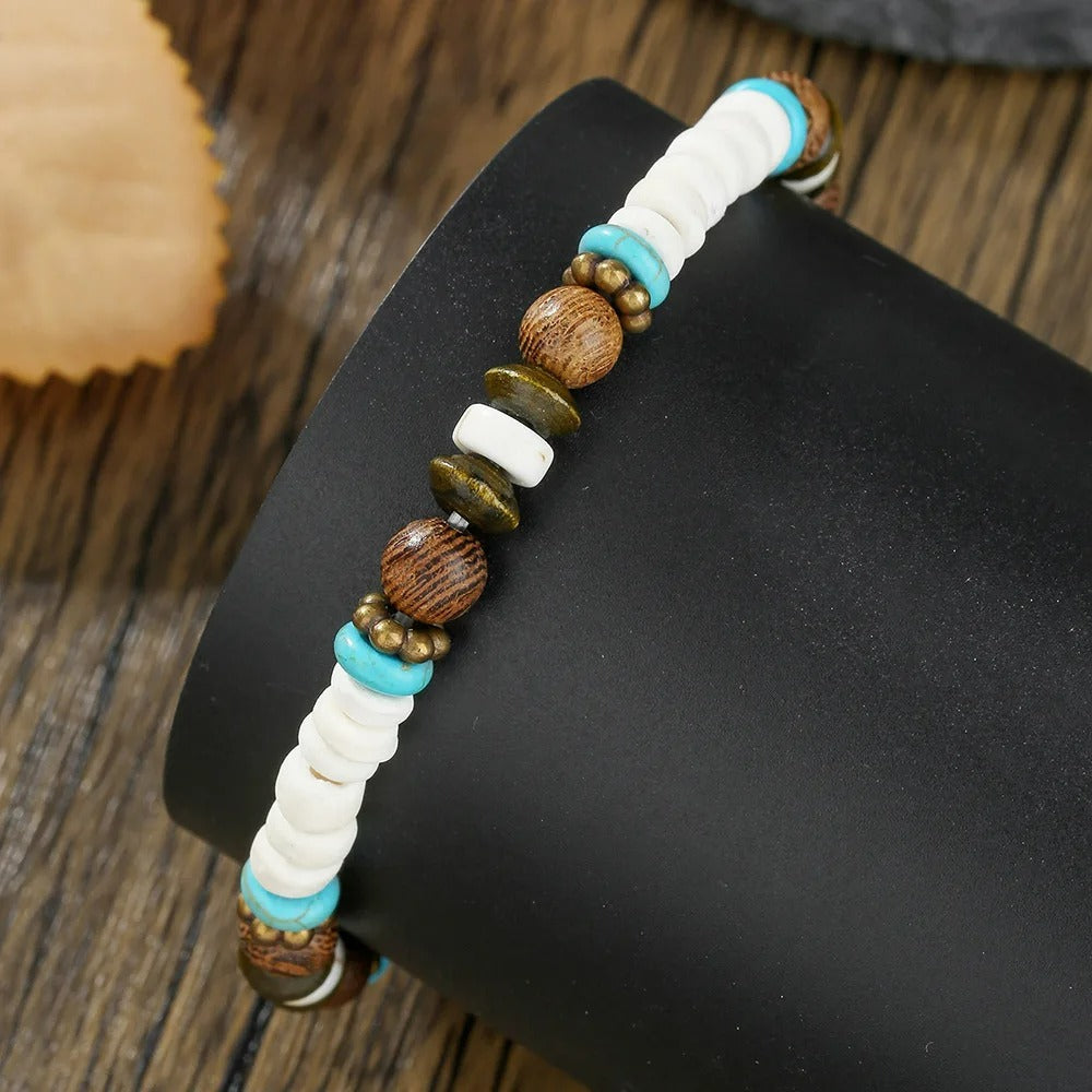 Bracelet Homme Perles Bois Pierre Turquoise