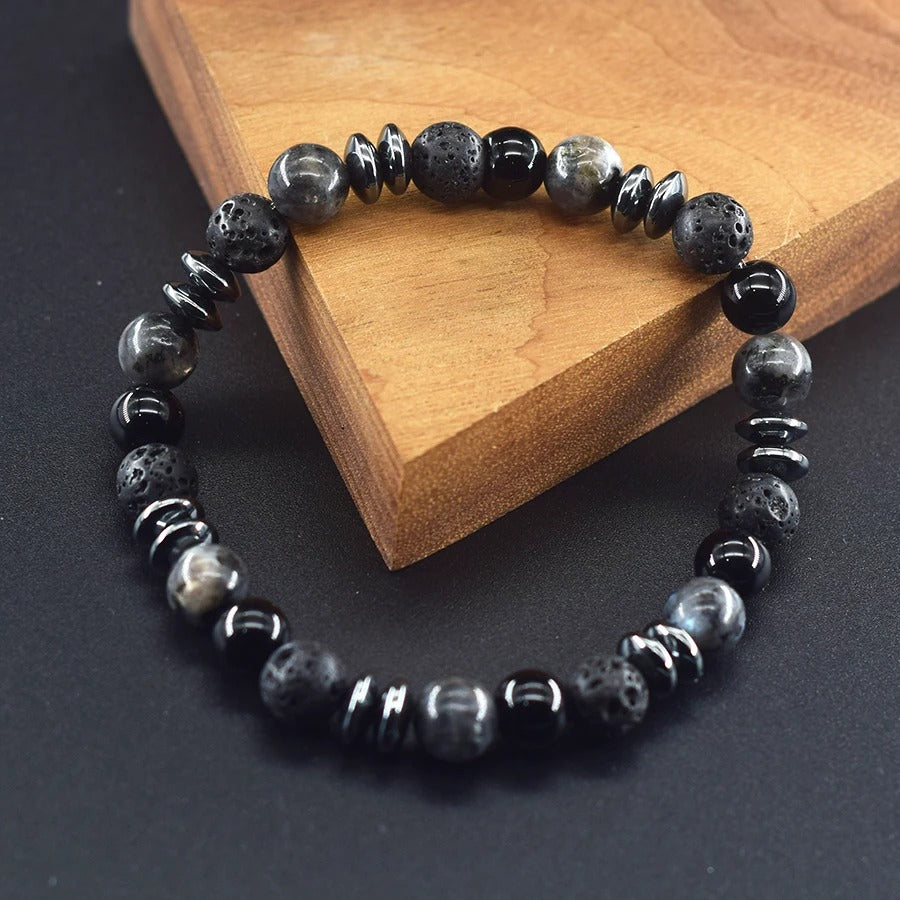 Bracelet Homme Perles Noires Labradorite Lave