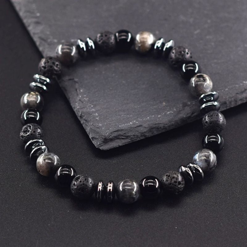 Bracelet Homme Perles Noires Labradorite Lave