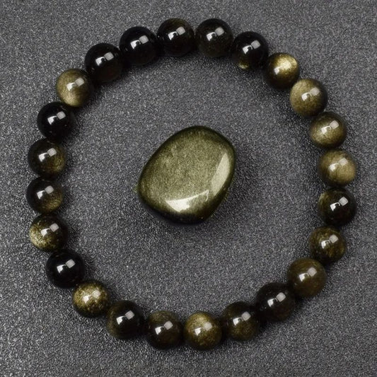 Bracelet Homme Perles Obsidienne Dorée