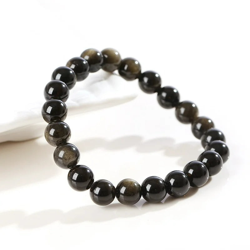 Bracelet Homme Perles Obsidienne Dorée
