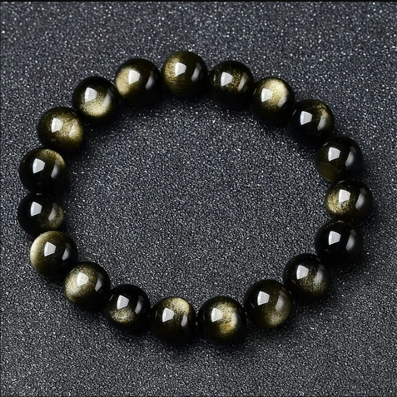 Bracelet Homme Perles Obsidienne Dorée