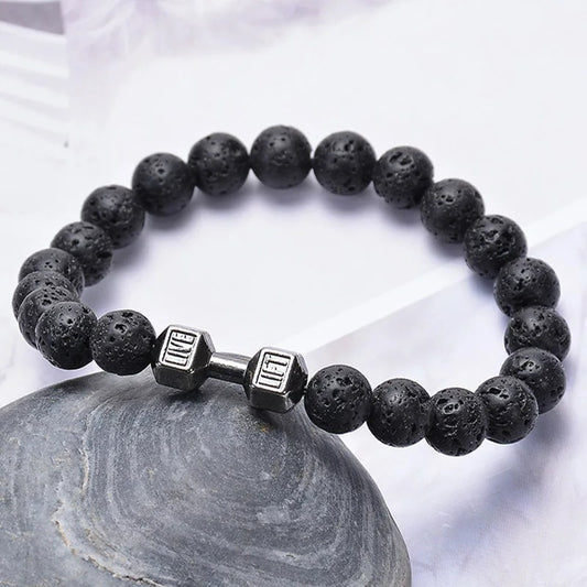 Bracelet Homme Perles Pierre de Lave Haltère