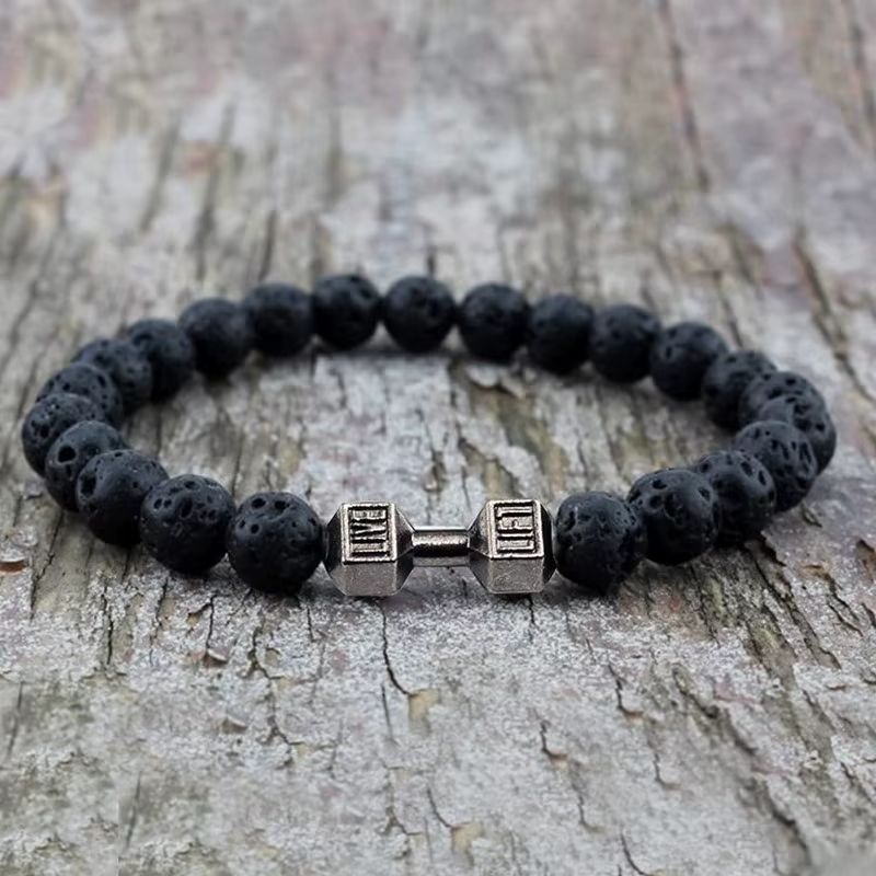 Bracelet Homme Perles Pierre de Lave Haltère