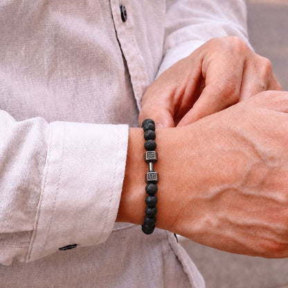Bracelet Homme Perles Pierre de Lave Haltère