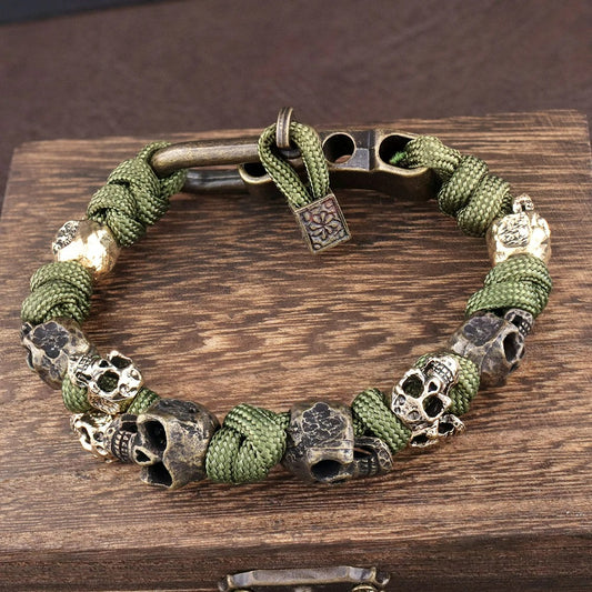 Bracelet Homme Tête de Mort et Corde Verte Réglable